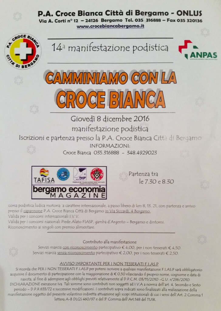 Volantino corsa Croce Bianca a Bergamo dicembre 2016